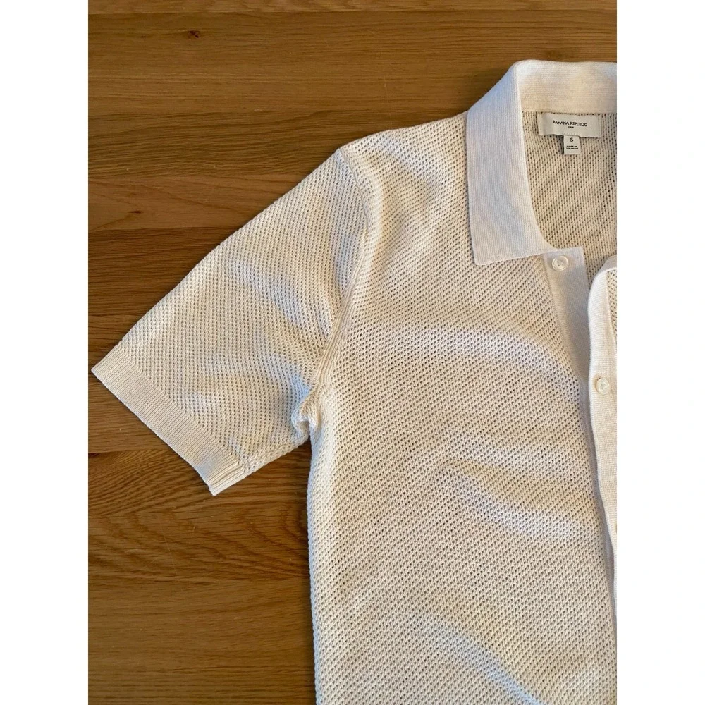 Banana Republic Sweater Polo Mens S Ivory Open Knit Short Sleeve Button Front
